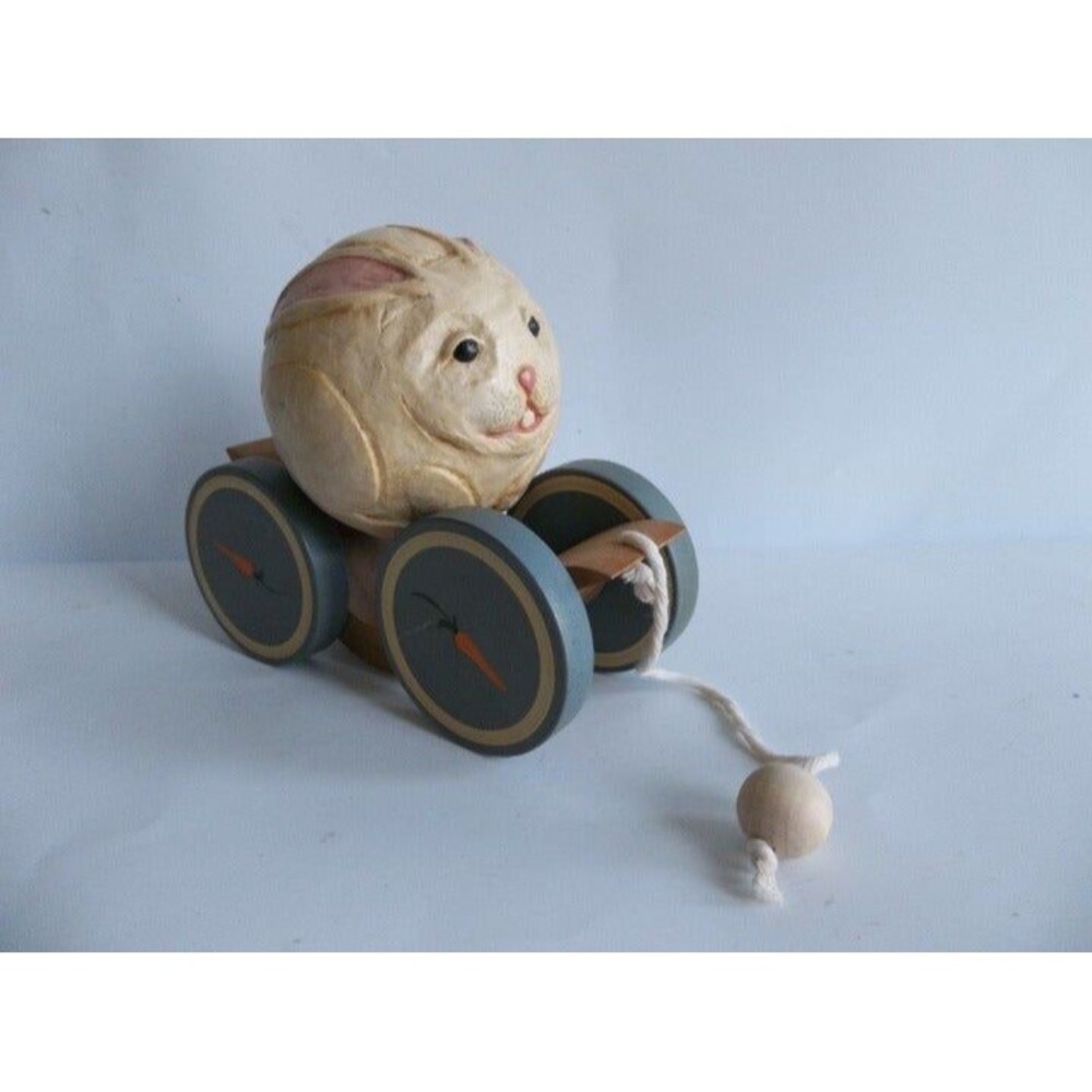BRIERE Folk Art Wood Pull Toy Cart Rabbit Egg Vintage Signed Easter Figure